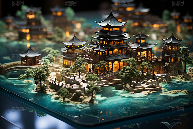 国潮光效建筑传统梦幻模型