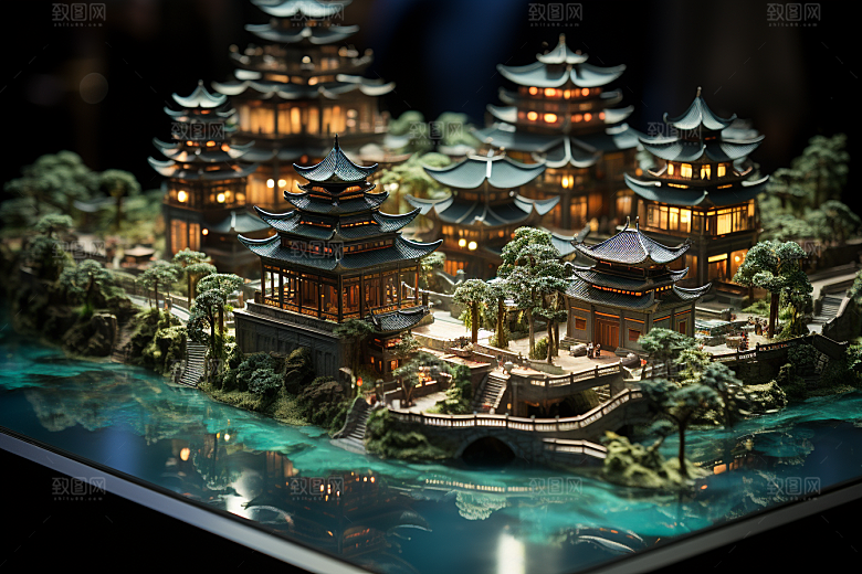 国潮光效建筑赛博朋克潮流模型
