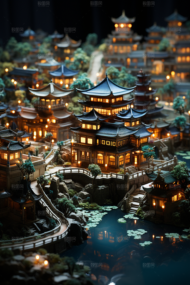 国潮光效建筑中国风赛博朋克模型