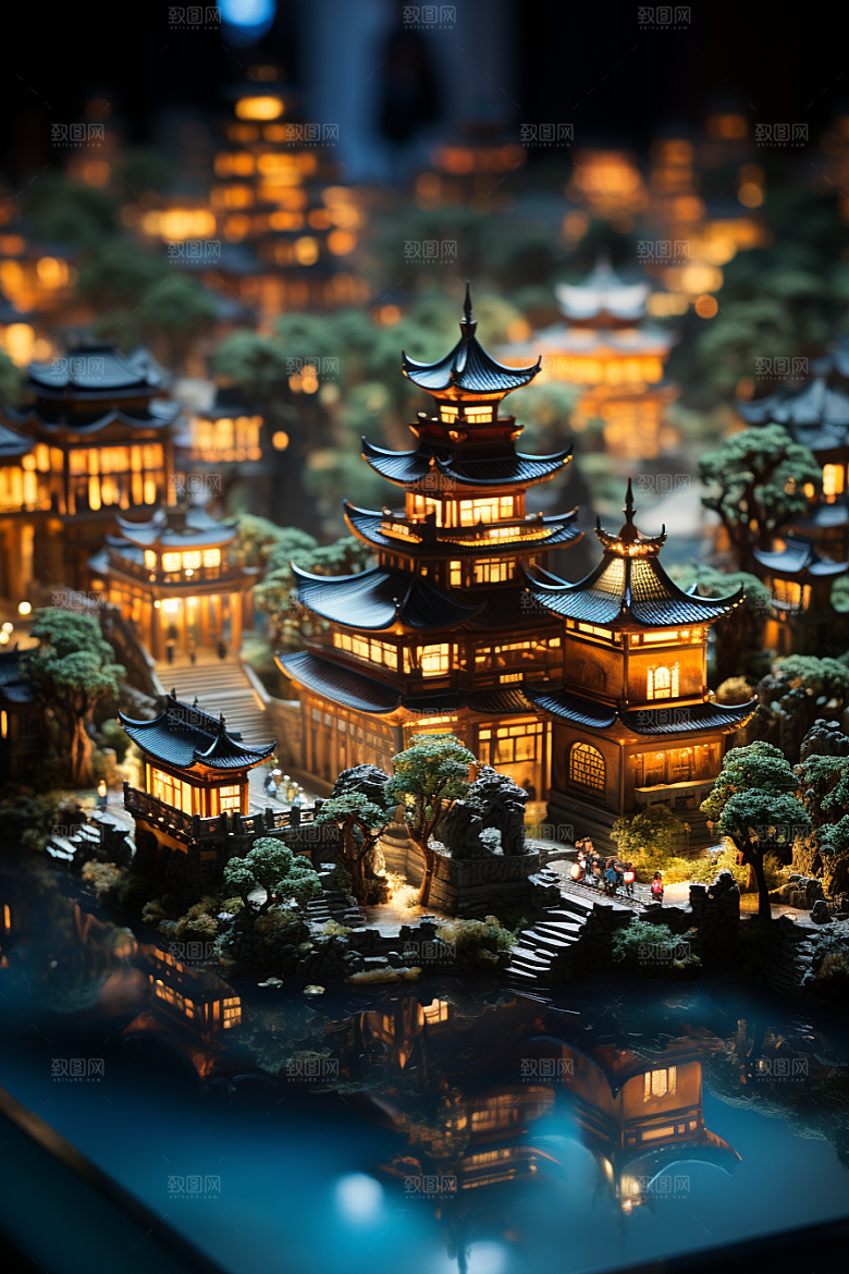 国潮光效建筑梦幻立体模型