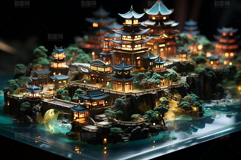 国潮光效建筑超现实赛博朋克模型