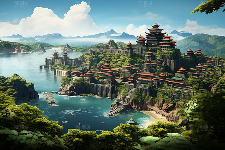 国潮光效建筑梦幻质感模型