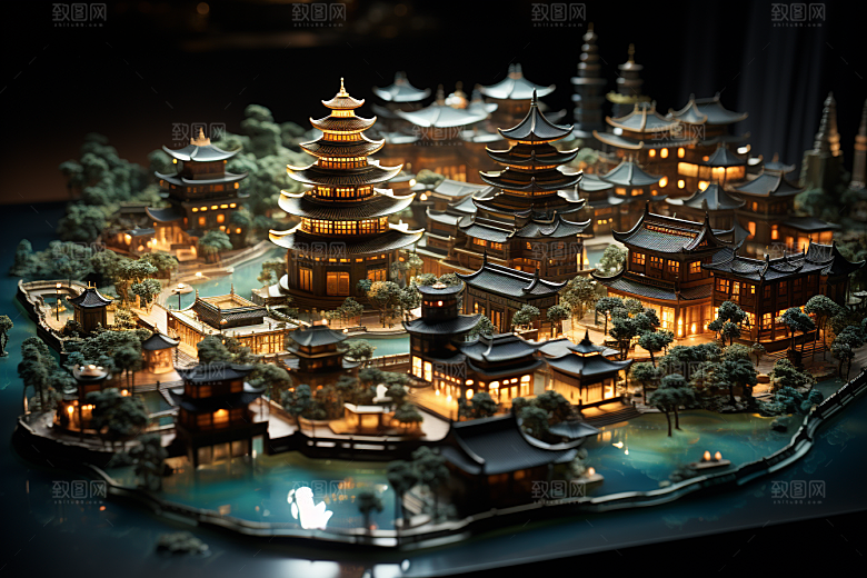 国潮光效建筑山水立体模型