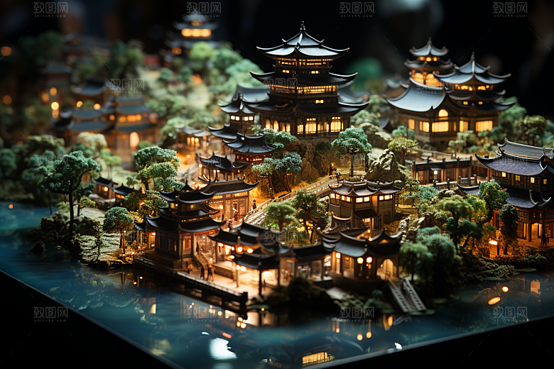 国潮光效建筑幻想风传统模型