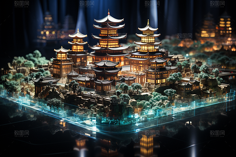 国潮光效建筑时尚梦幻模型