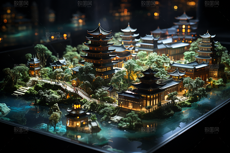 国潮光效建筑时尚传统模型