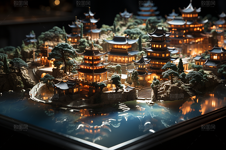 国潮光效建筑3D超现实模型