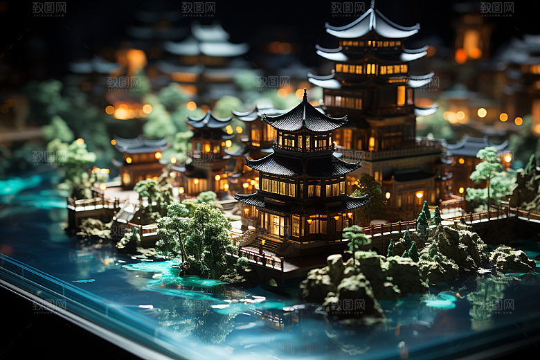 国潮光效建筑幻想风时尚模型