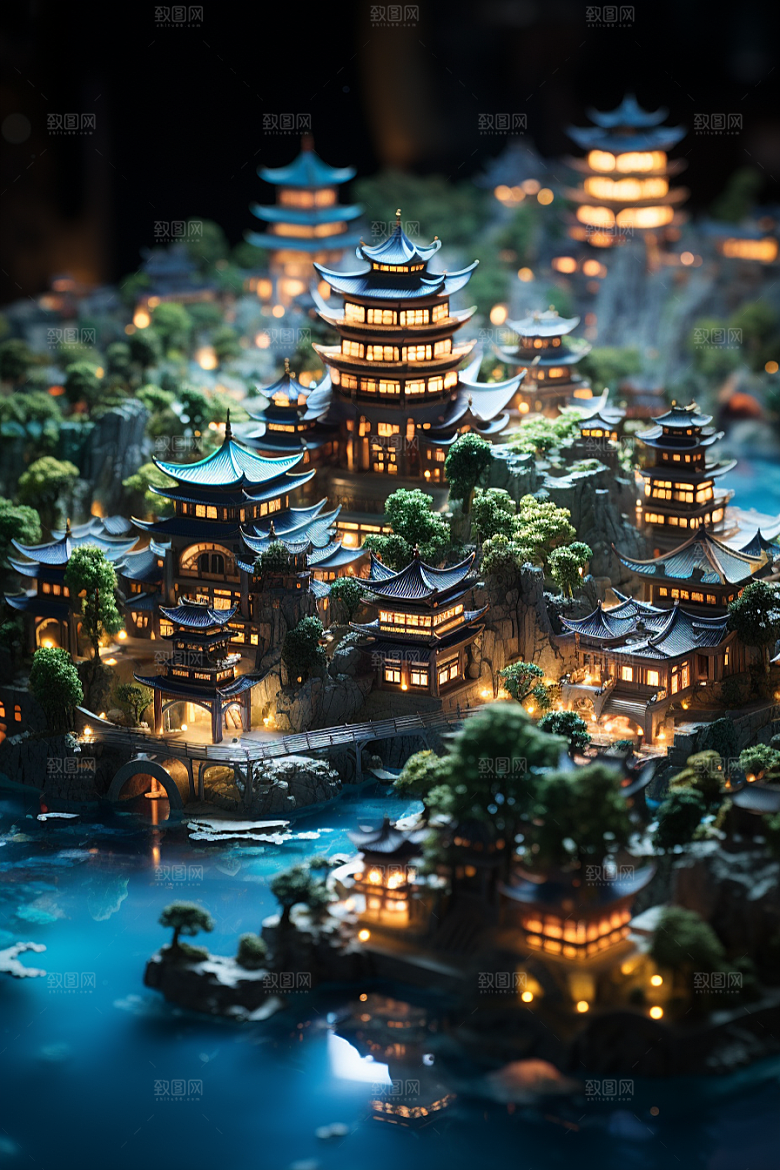 国潮光效建筑梦幻山水模型