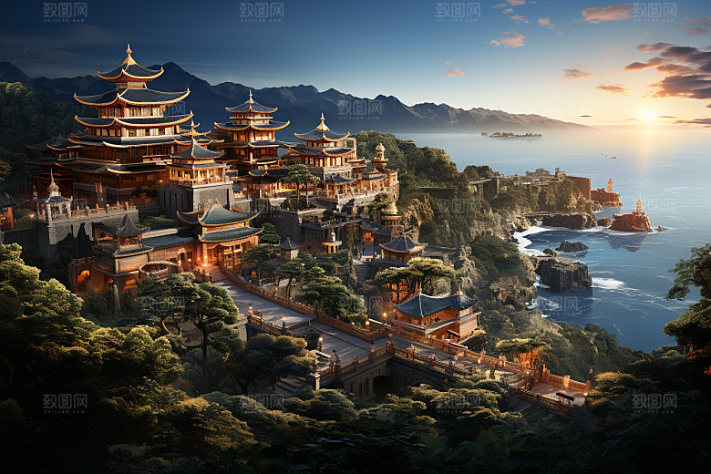 国潮光效建筑山水梦幻模型
