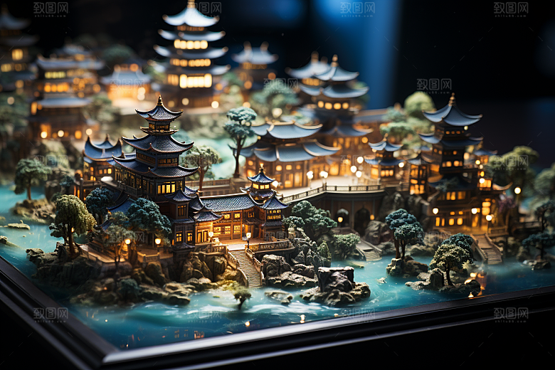 国潮光效建筑幻想风潮流模型