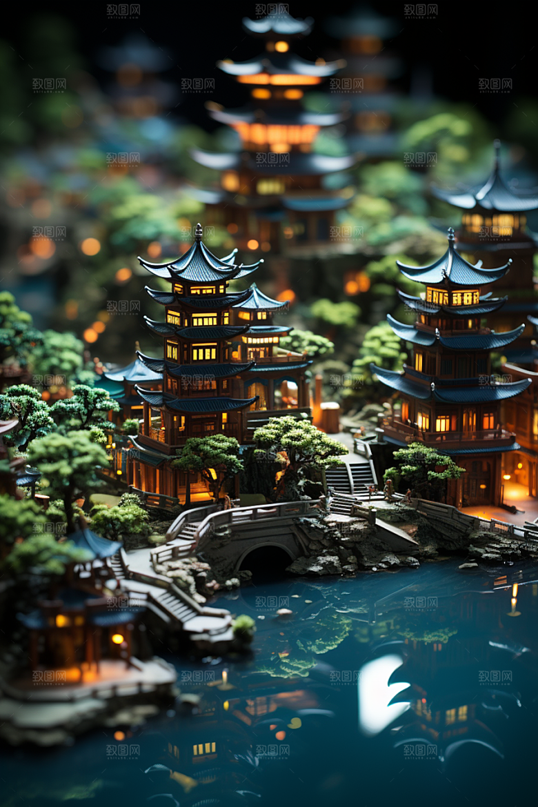 国潮光效建筑超现实梦幻模型