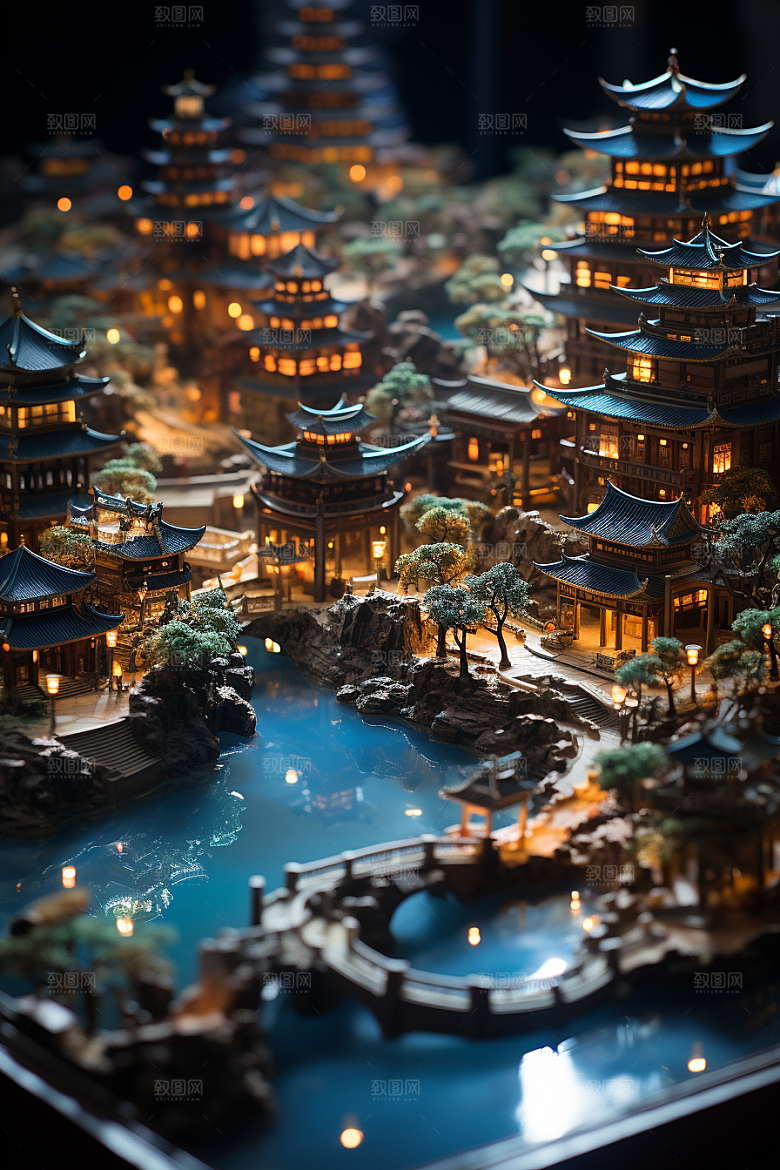 国潮光效建筑中国风幻想风模型