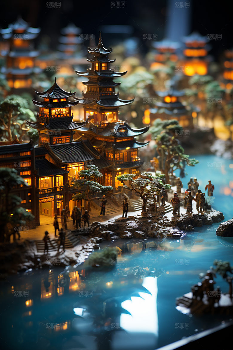 国潮光效建筑立体幻想风模型