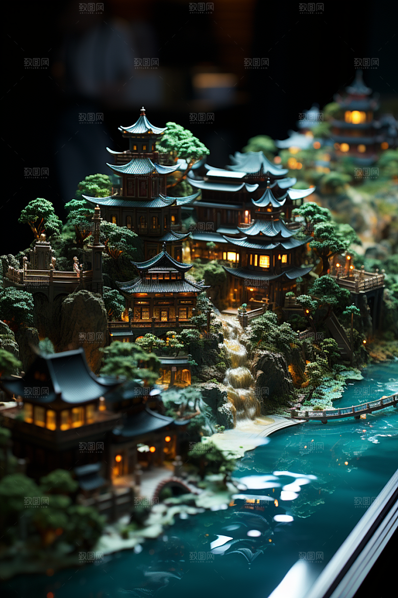 国潮光效建筑3D质感模型
