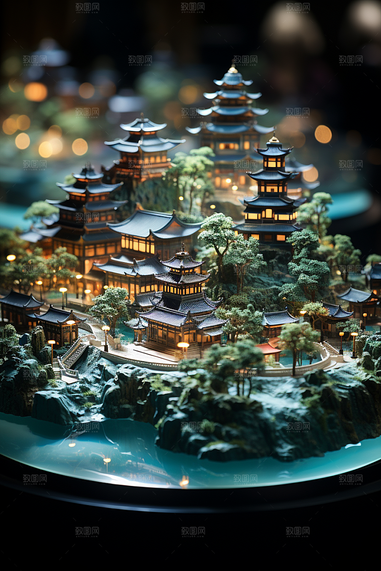 国潮光效建筑超现实立体模型