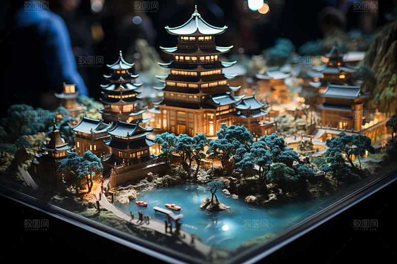 国潮光效建筑3D梦幻模型