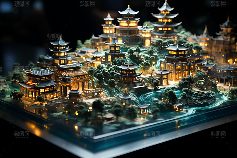 国潮光效建筑传统赛博朋克模型