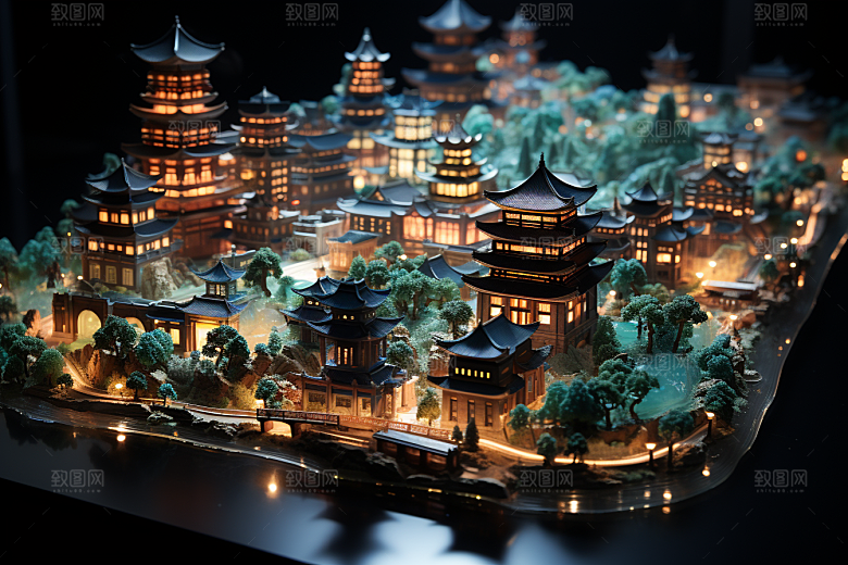 国潮光效建筑传统中国风模型