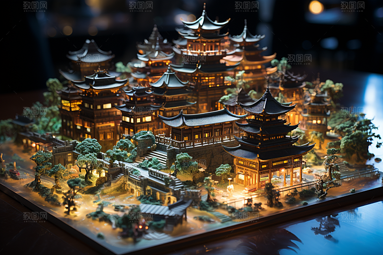 国潮光效建筑高清时尚模型