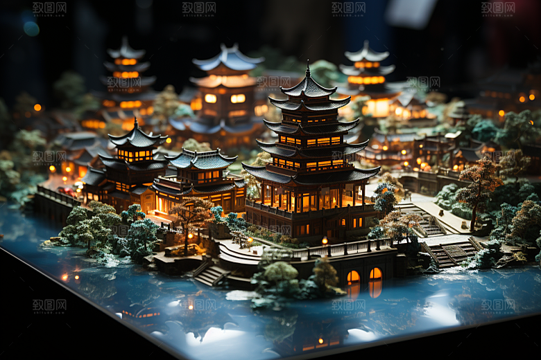 国潮光效建筑山水立体模型