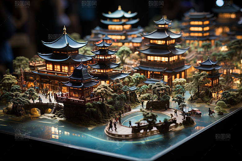 国潮光效建筑中国风梦幻模型