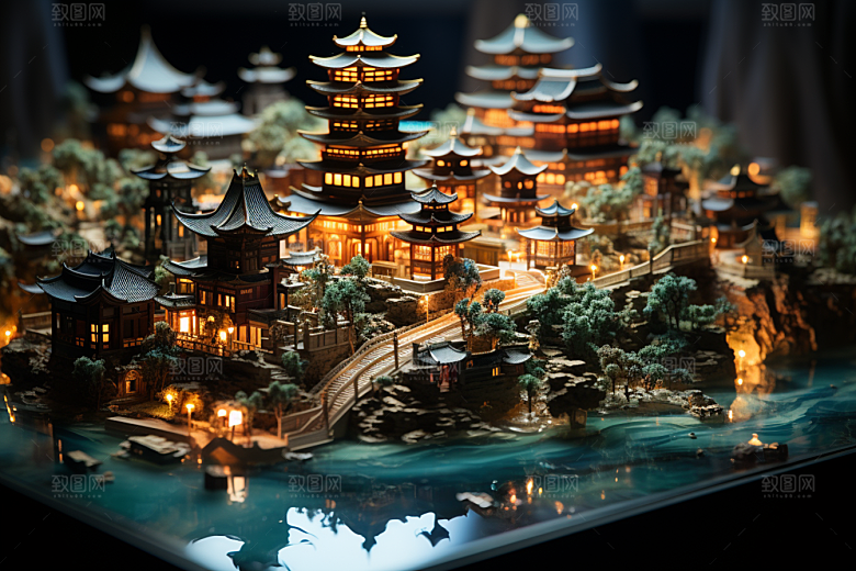 国潮光效建筑3D山水模型