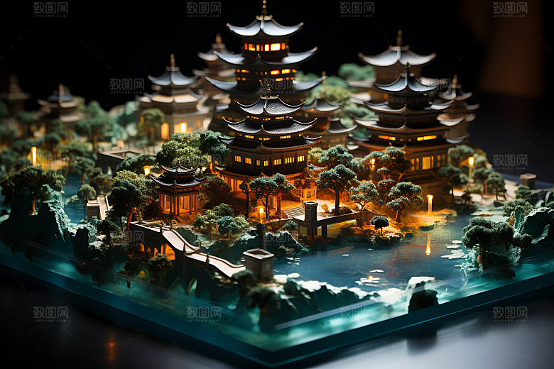 国潮光效建筑超现实中国风模型