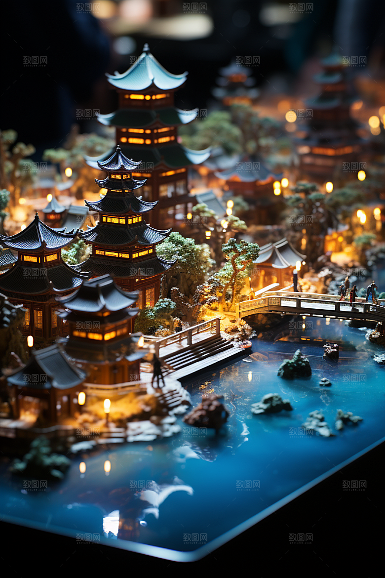 国潮光效建筑3D微距模型