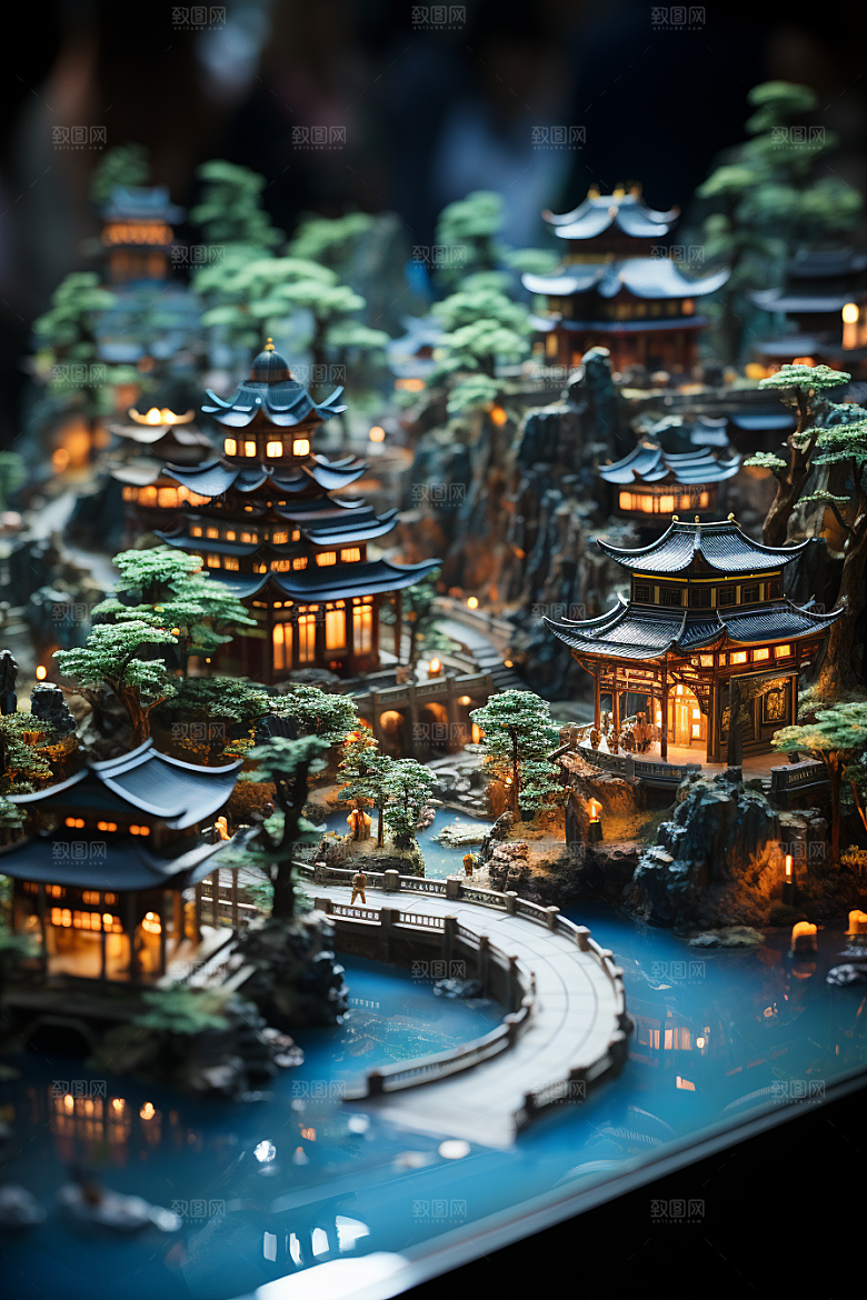国潮光效建筑高清山水模型