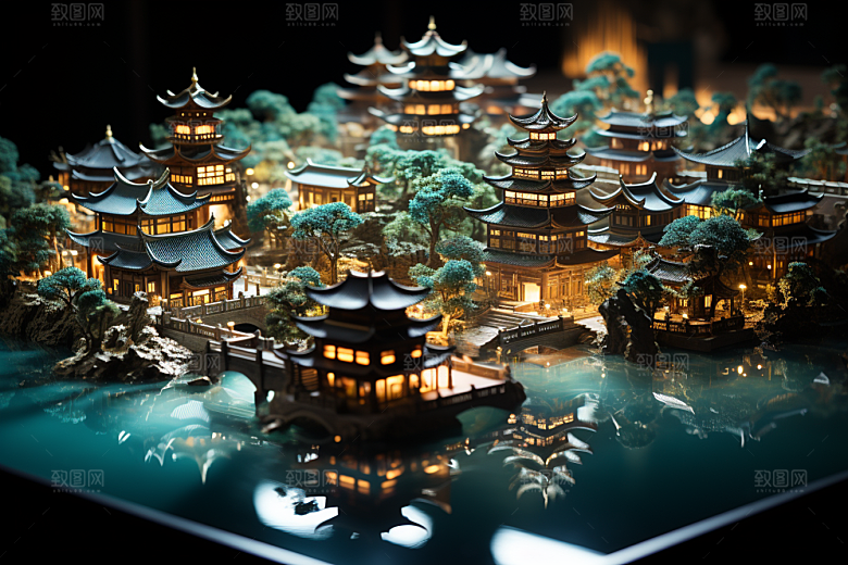 国潮光效建筑赛博朋克梦幻模型
