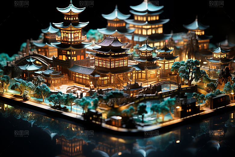 国潮光效建筑微距3D模型