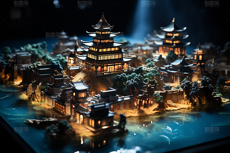 国潮光效建筑超现实梦幻模型