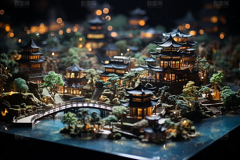 国潮光效建筑质感山水模型