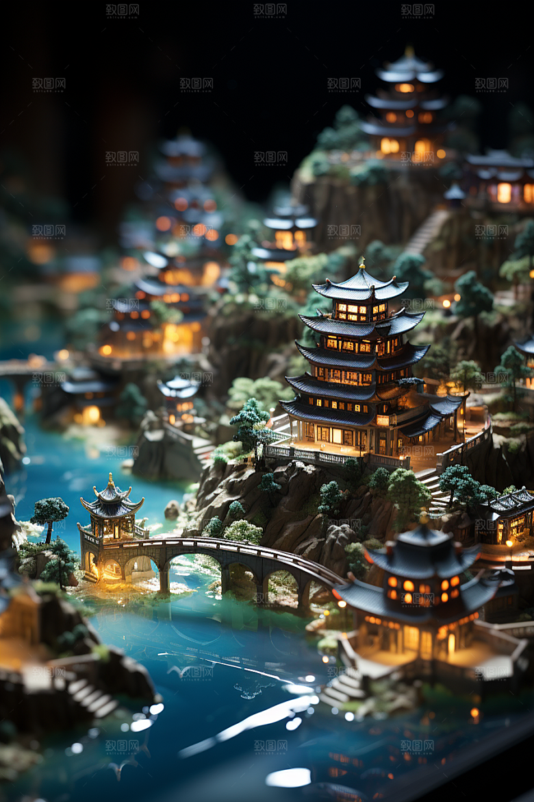 国潮光效建筑3D中国风模型