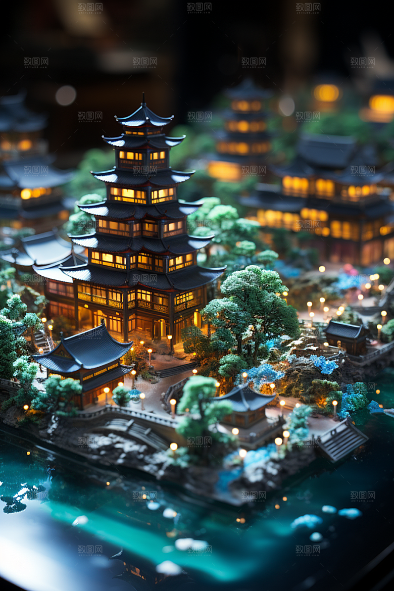 国潮光效建筑幻想风赛博朋克模型