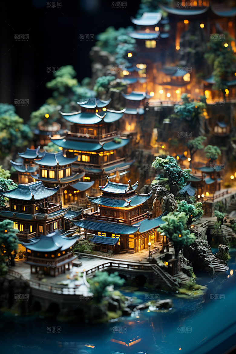 国潮光效建筑山水梦幻模型