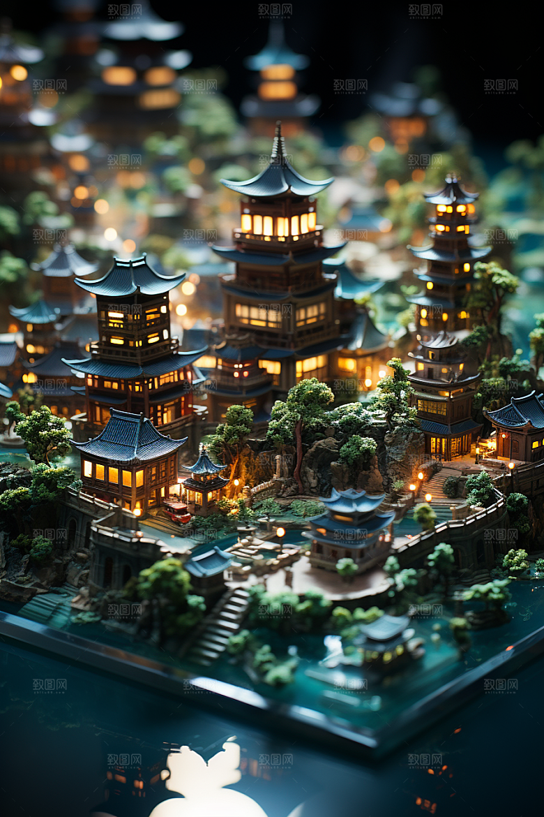 国潮光效建筑中国风3D模型