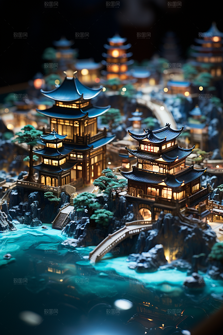 国潮光效建筑赛博朋克中国风模型