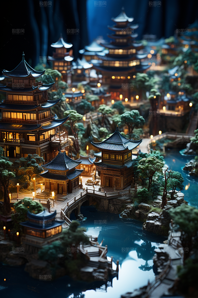 国潮光效建筑立体山水模型