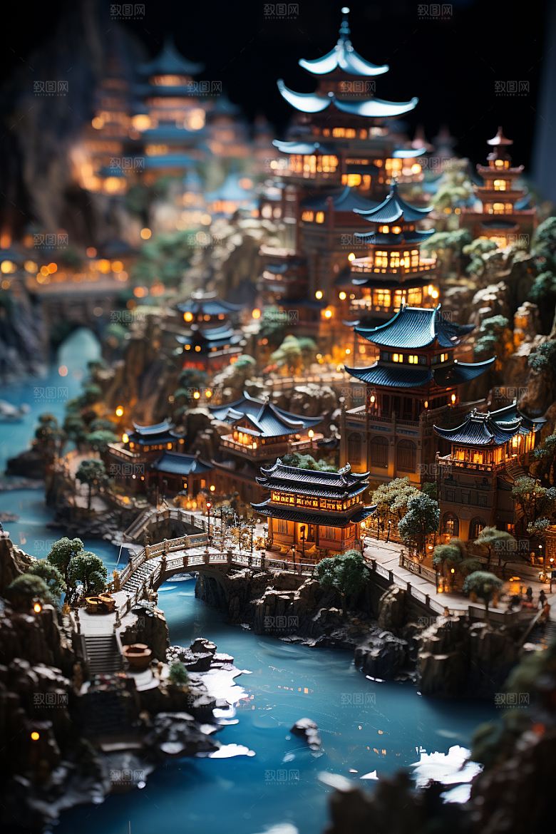 国潮光效建筑中国风潮流模型