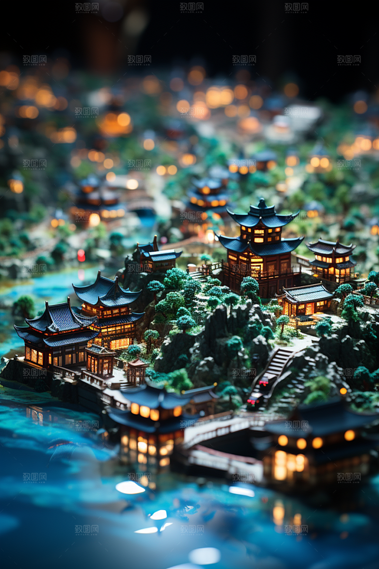 国潮光效建筑立体潮流模型