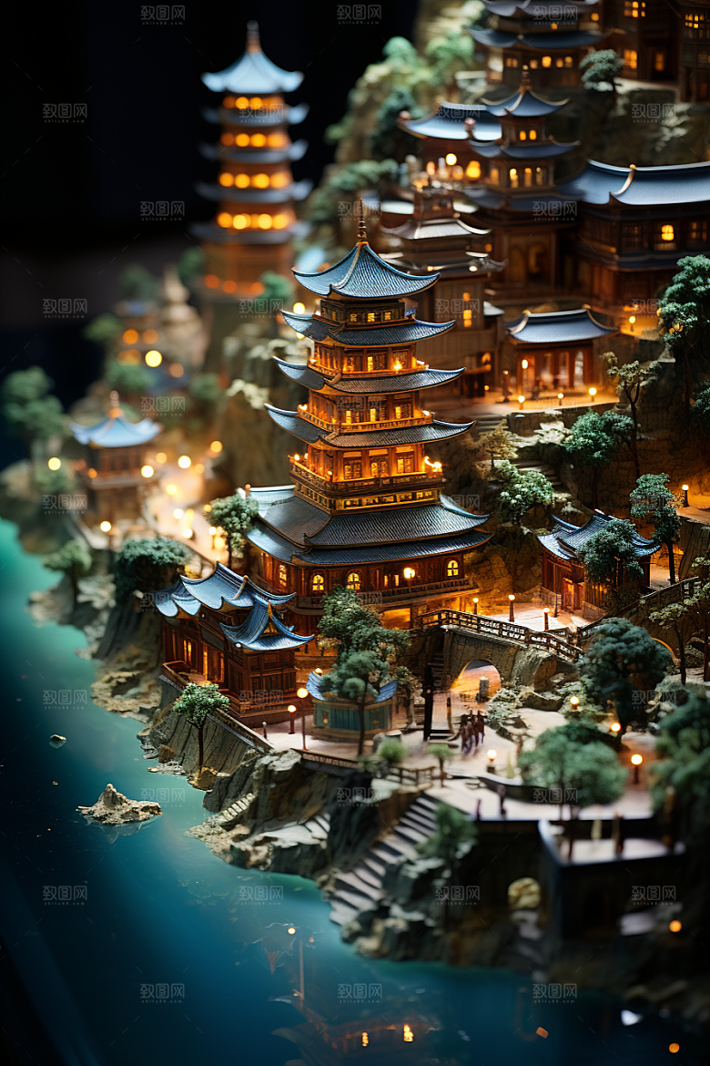 国潮光效建筑质感传统模型