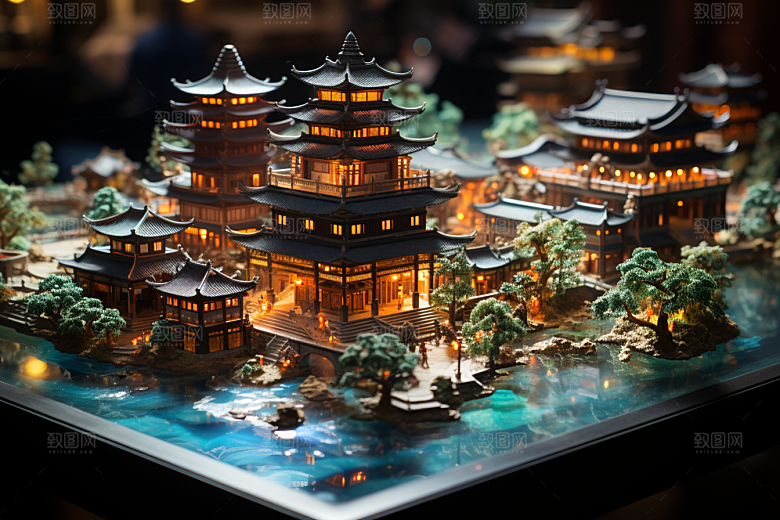 国潮光效建筑山水3D模型