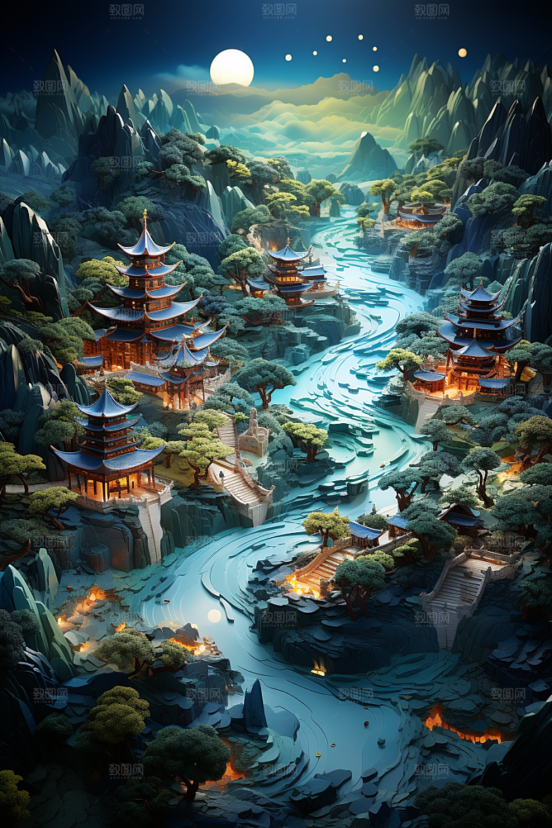 国潮光效建筑梦幻高清模型