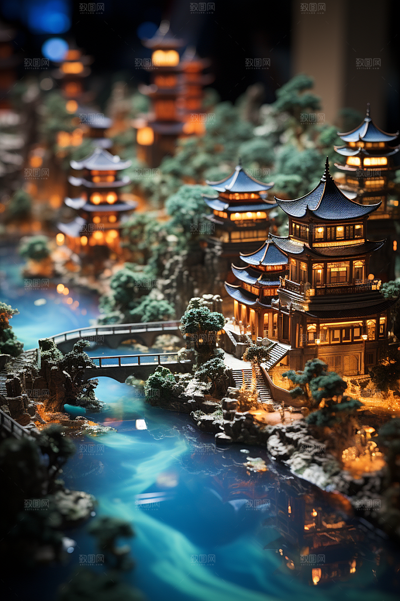 国潮光效建筑质感3D模型