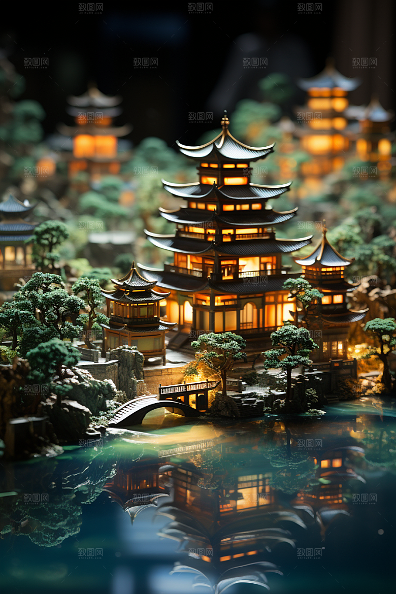国潮光效建筑超现实潮流模型