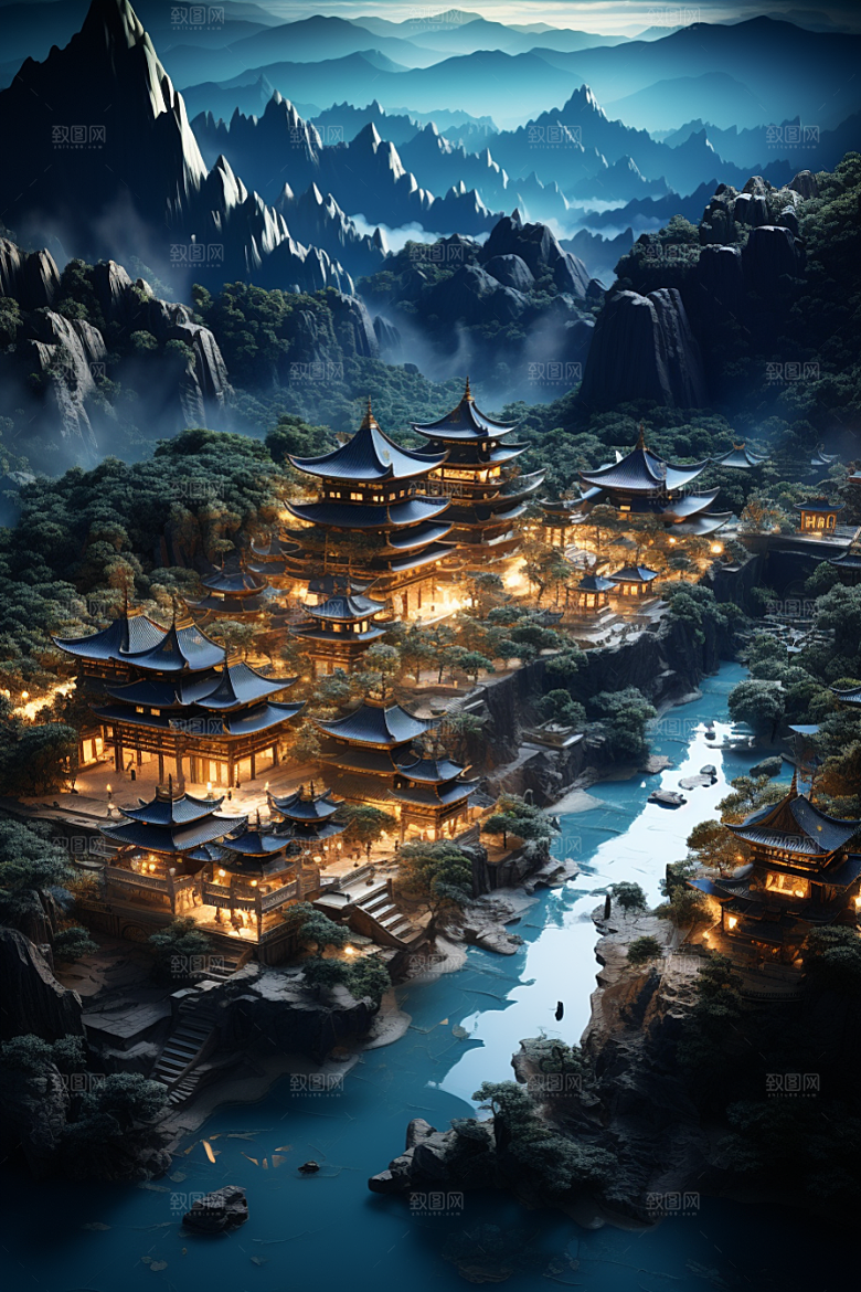 国潮光效建筑中国风梦幻模型