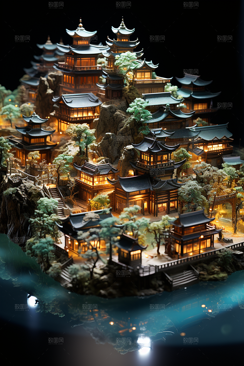 国潮光效建筑3D时尚模型
