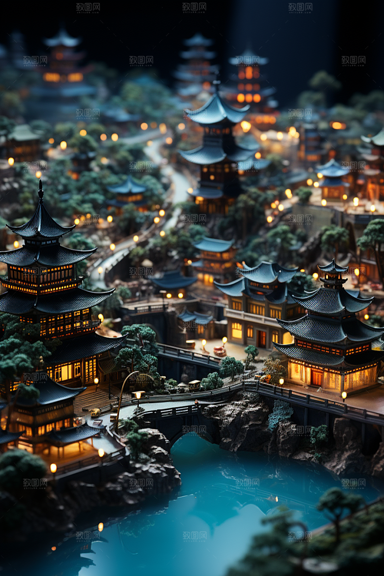 国潮光效建筑幻想风赛博朋克模型